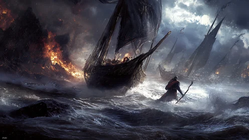 Storm-wracked warships clash beside burning volcanic coast.