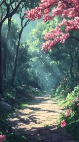 Cherry Blossoms Dance Through Enchanted Forest Pathway.