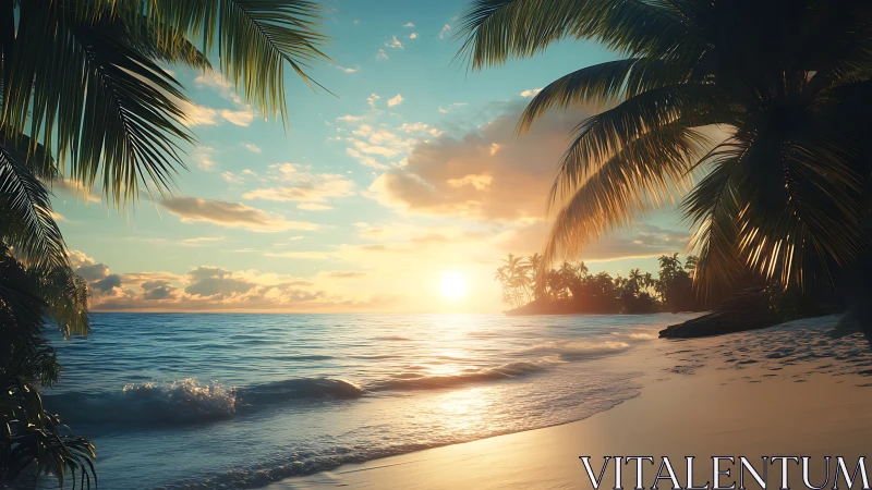 Tropical shoreline sunset with palm silhouettes and soft surf