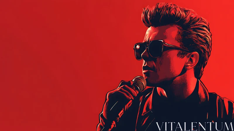 Stylized singer in sunglasses on bold red backdrop.