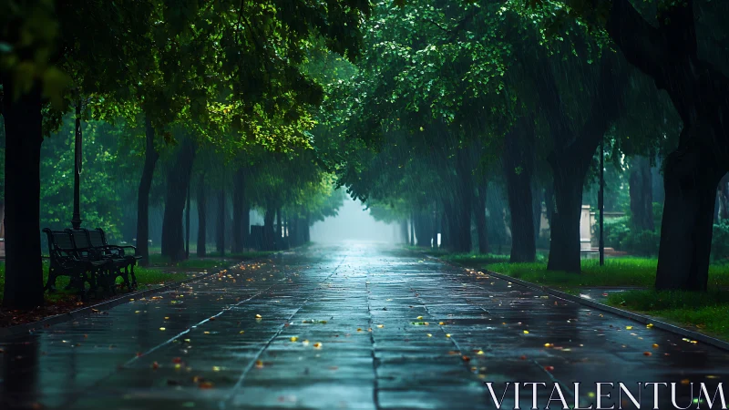 Tree lined park pathway under steady rainfall conditions.