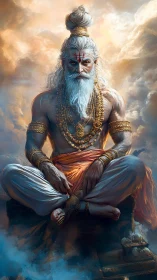 Digital painting of divine sage seated in celestial clouds.