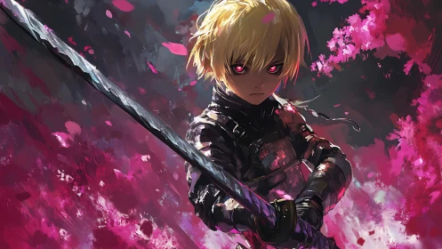 Blond swordsman holds blade amid crimson petals and chaos