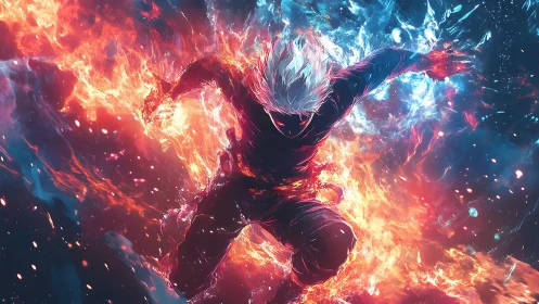 White haired fighter diving through fire and ice energy.