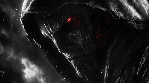 Hooded void warlord with burning crimson stare unveiled.