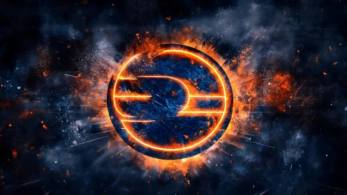 Glowing circular tech emblem radiates within explosive nebula