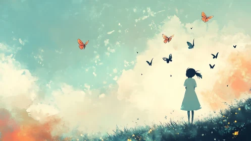 Digital painting of girl watching butterflies in luminous skyscape.