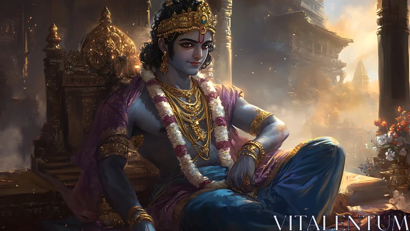 Regal blue-skinned figure seated on ornate golden throne.