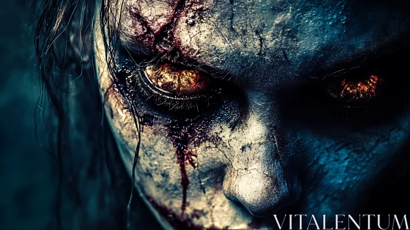 Corroded undead face with ember eyes in extreme close-up