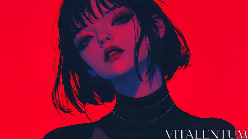 Neon-lit portrait isolates a stylized woman in dual-tone contrast