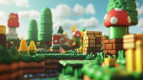 Playful toy world of mushrooms, blocks, and sunny adventure.
