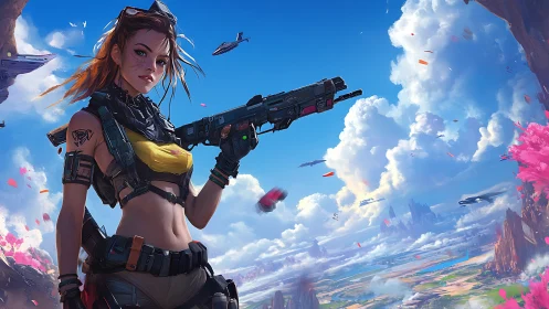 Aerial frontier operative with modular plasma rifle poised.