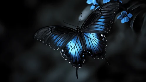 Luminous blue butterfly glows softly against a shadowed garden