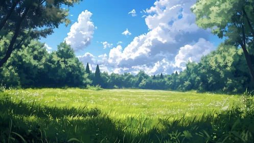 Sunlit summer meadow opens below towering cumulus clouds