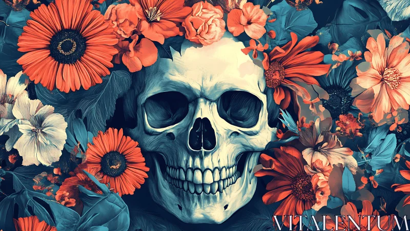 Floral skull emerges in vivid contrast between life and death.