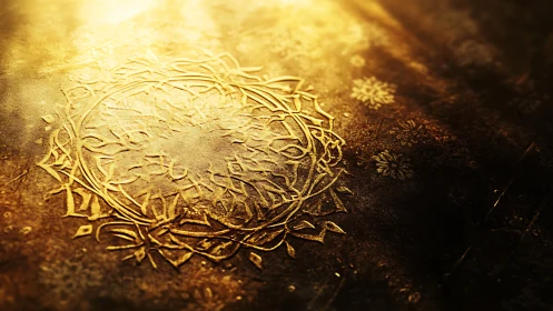 Golden embossed mandala under warm dramatic light.