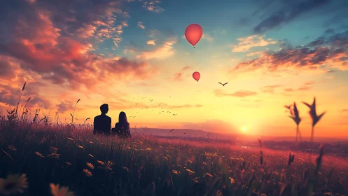 Couple Watching Hot Air Balloons at Sunset.