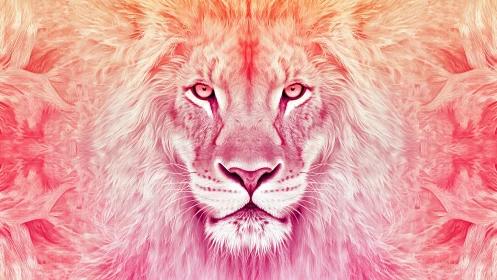 Symmetrical digital lion portrait in pink and orange tones.