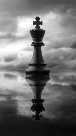 Black chess king towers over reflective water under storm clouds