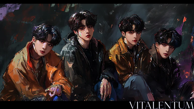 Four stylish youths pose amid vivid painterly brushstrokes.