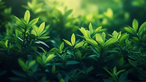 Lush green foliage softly glows under gentle morning light