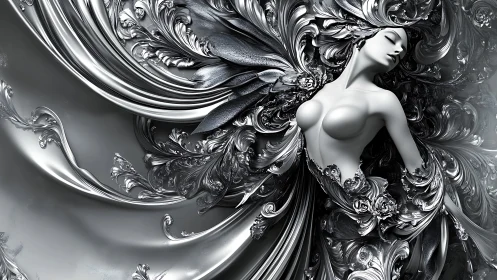 Baroque metallic female figure integrated into swirling alloy arabesques