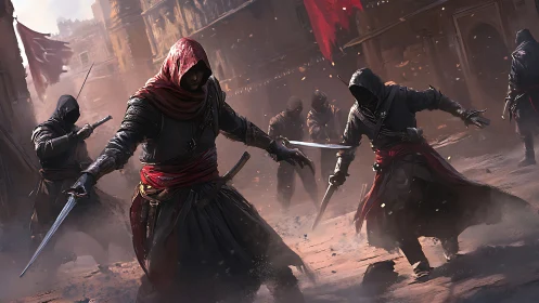 Dynamic hooded assassins in dusty street melee composition.