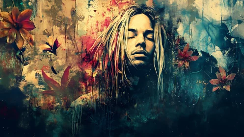 Dreamlike male portrait in abstract floral color field.