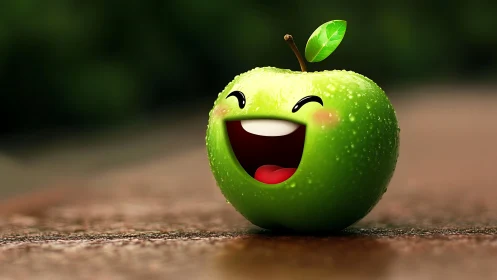 Cheerful dewy green apple character on wet tabletop.