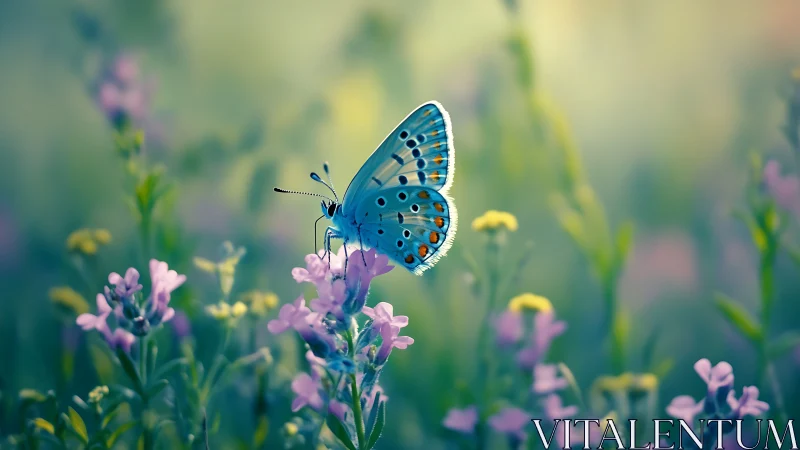Blue butterfly rests on pink wildflower in soft-focus meadow