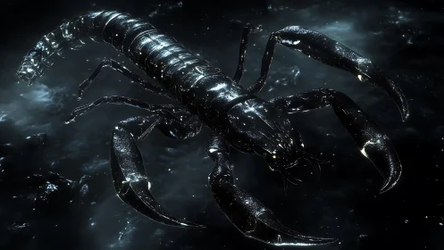 Metallic scorpion model on dark reflective space background.