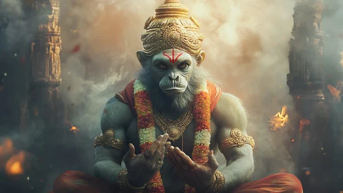 Simian humanoid deity figure sits centered in ornate regalia