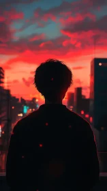 Silhouetted dreamer gazes into neon drenched city sunset skies.