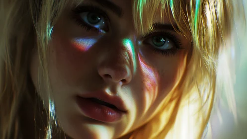 Spectral refraction across hyperreal blonde portrait study.