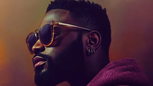 Profile portrait with amber sunglasses and moody lighting.