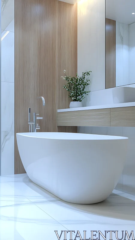 Minimalist white freestanding bathtub anchors bright spa bathroom