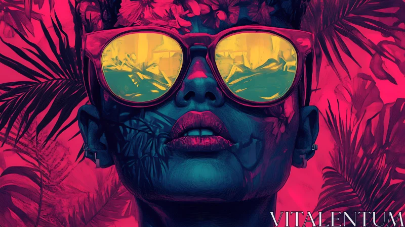 Neon tropical portrait renders reflective sunglasses in profile