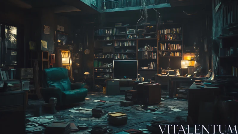 Moody cluttered study with teal armchair and TV focal point.