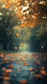 Falling autumn leaves over wet forest path at dusk