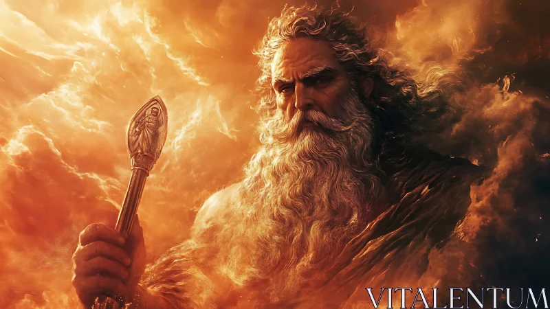 Storm god portrait within blazing celestial clouds.