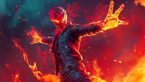 Humanoid fiery figure in leather jacket amid flame field.