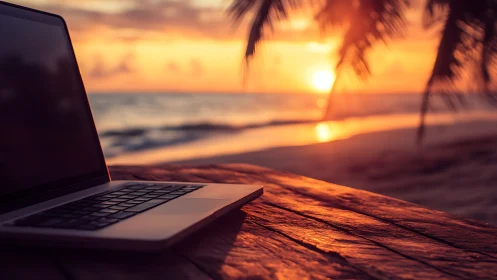 Ultrabook on rustic beach table at vivid tropical sunset seascape