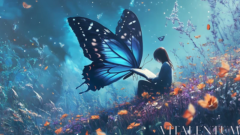 Giant blue butterfly illuminates girl reading in dream meadow