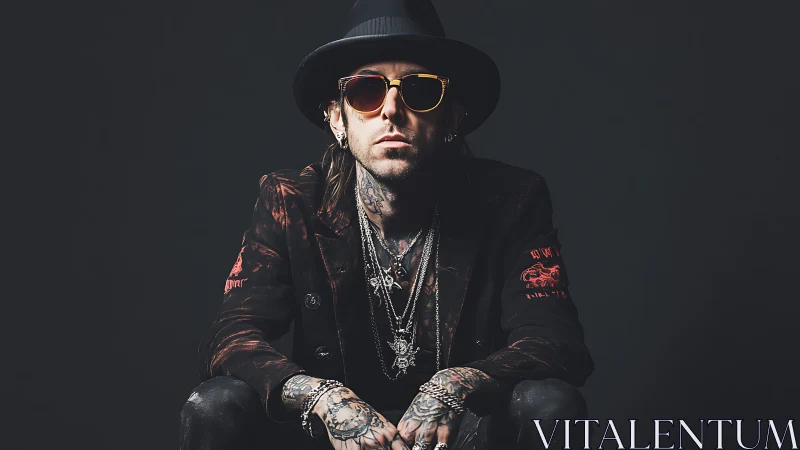 Tattooed man in dark clothing with hat and sunglasses posed.