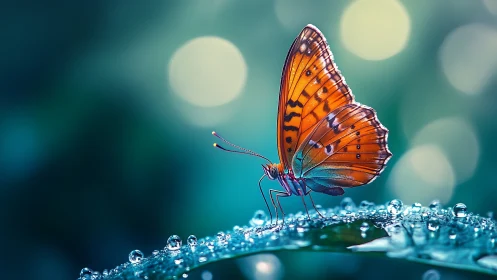 Butterfly rests on wet leaf in high detail macro view