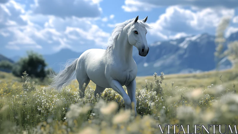 White horse in alpine meadow under soft daylight sky.
