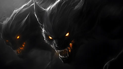 Bioluminescent shadow hellhound duo with molten eyes and fangs