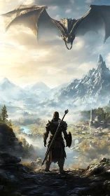 Armored warrior confronts a dragon above vast valley landscape.