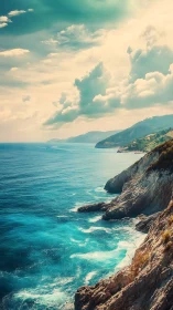 Rocky coastal headland with turquoise sea and clouds.