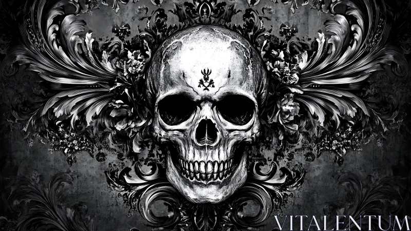 Baroque skull blooms in gothic monochrome midnight flourish.